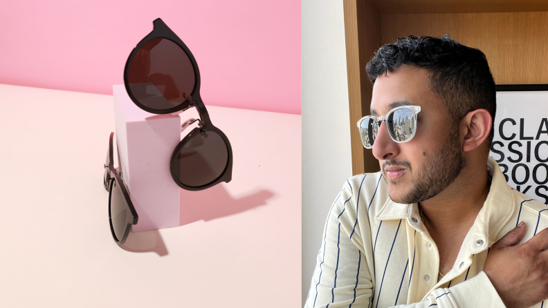 Two pairs of FlyFrames on the left against a pink background, on the right is the author wearing the clear model, seen in 3/4 view.