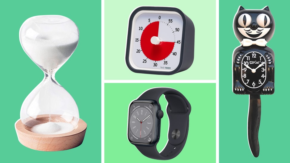 Product shots of a hourglass, a visual timer, an Apple smartwatch and cat clock.