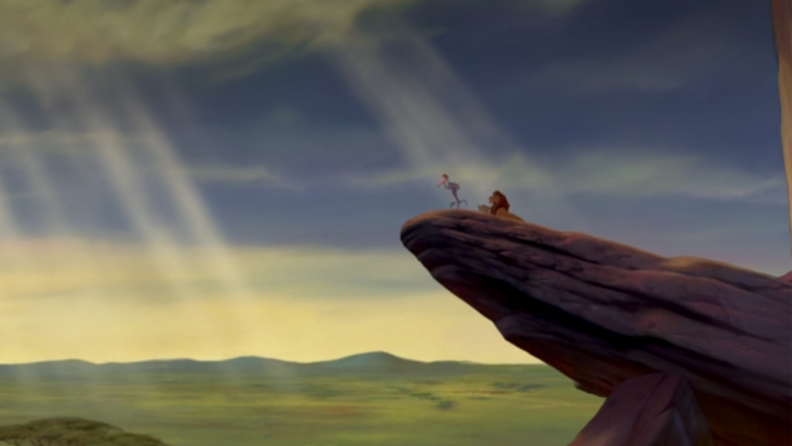 A still from 'The Lion King' featuring Simba being held up as a baby on Pride Rock.