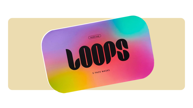 Vibrant, multicolored tin box with lid for five Loops Face Masks.
