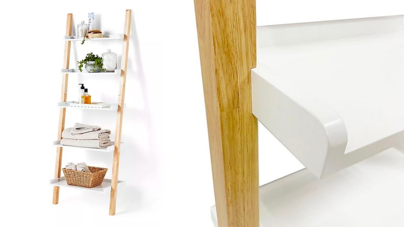 Two images of a leaning shelving unit.