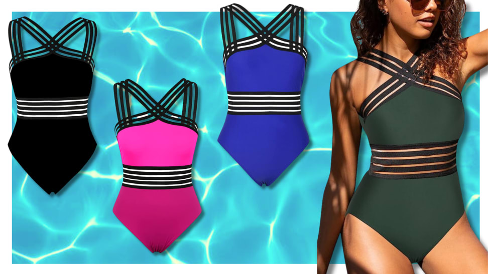 A cutout monokini in three colors floating on water. A woman in a green version.