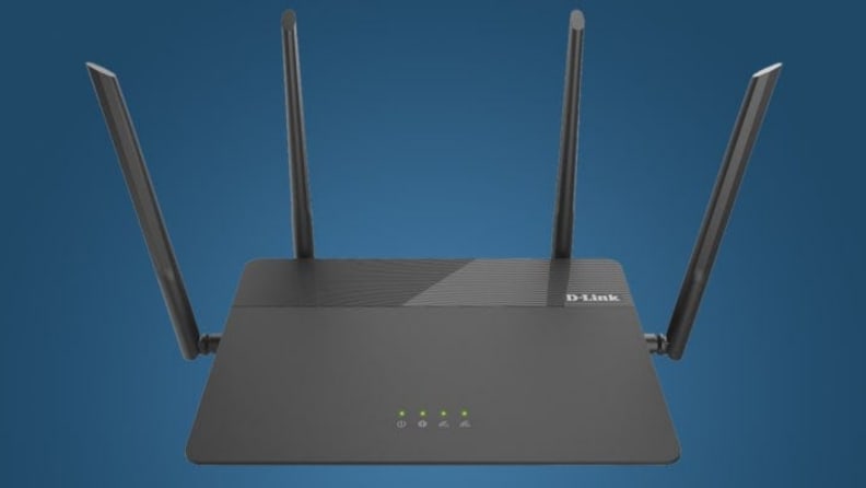 A D-Link wifi router against a blue background.