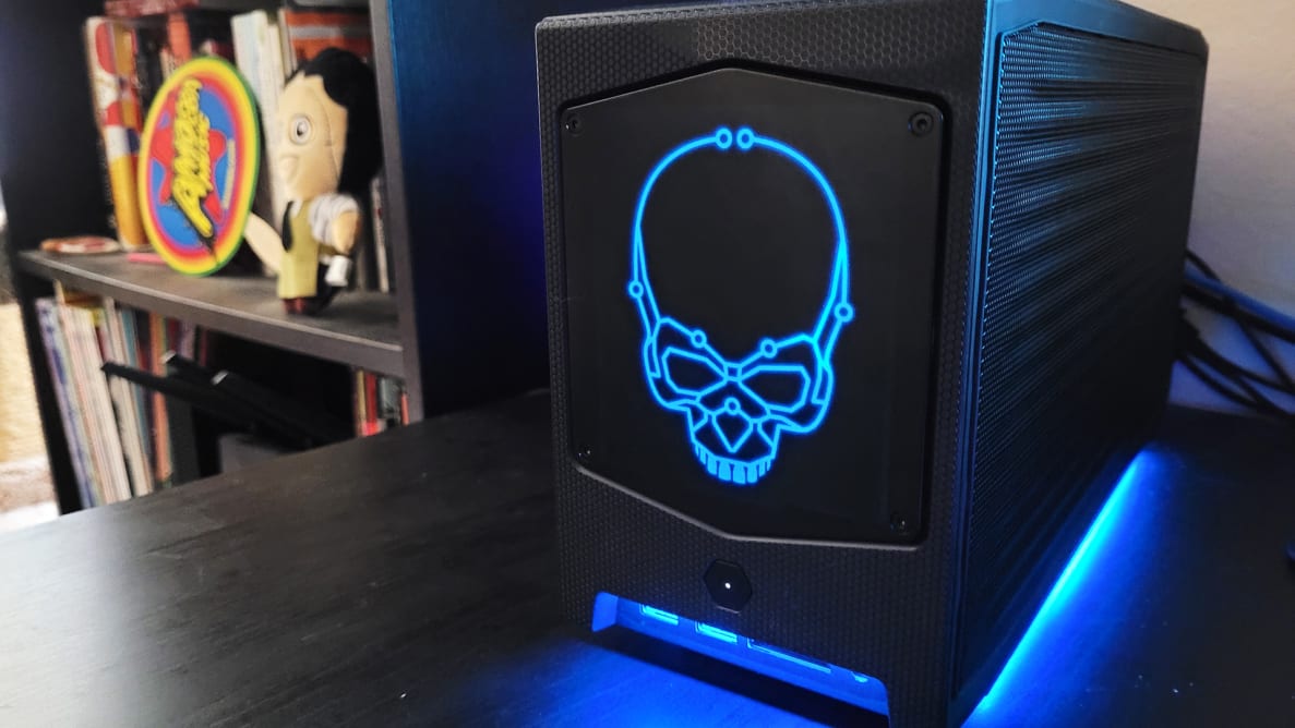 A glowing skull on the front panel of a desktop PC.