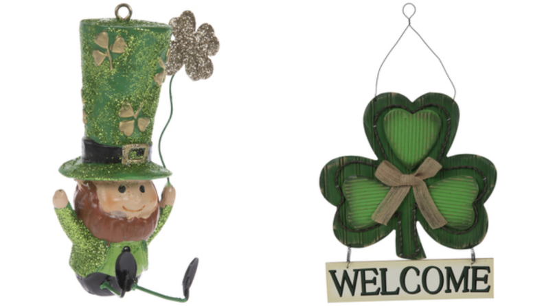 A green leprechaun next to a green shamrock sign from Hobby Lobby