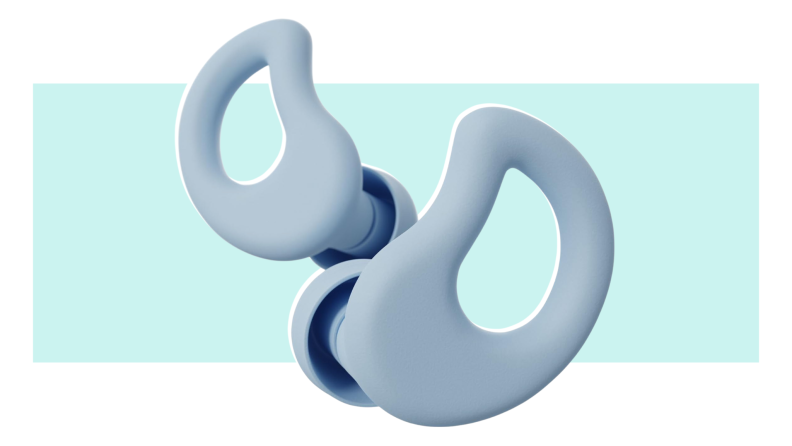 A pair of light gray-blue Curved earplugs floating on a sky blue Reviewed background.