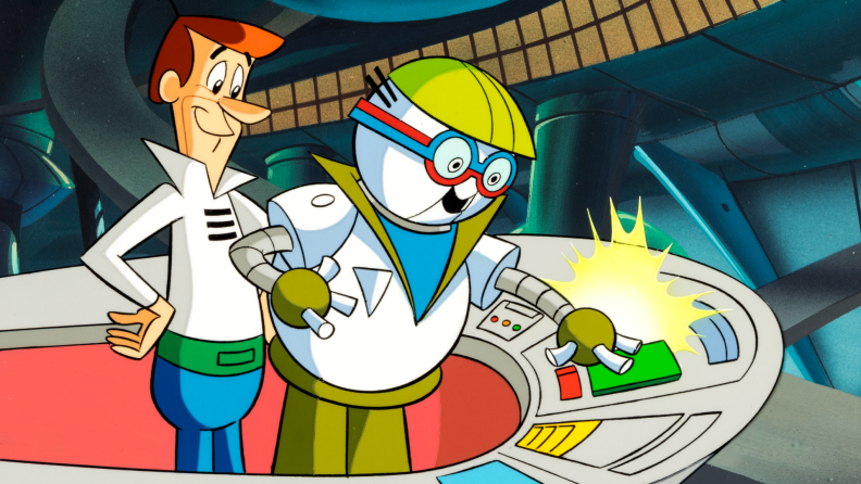 A robot named Rudy 2 shows George how to run the sprocket factory in Jetsons: The Movie.
