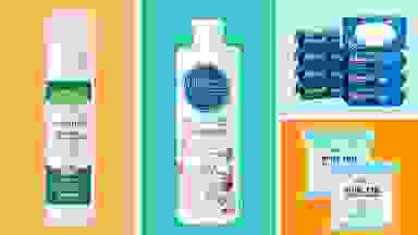 A collage of four different personal hygiene items, including body wash and wipes