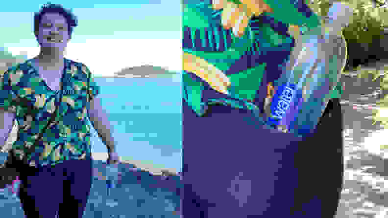 Left: girl wearing banana tropical shirt in front of ocean view, Right: close up of jeans pocket with SmartWater bottle in them