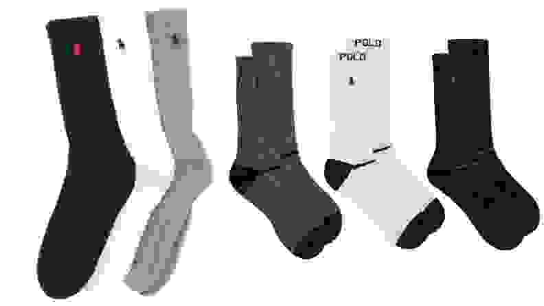 Trio of socks from Ralph Lauren in black, white, and grey, trio of socks with colored heels and toes from Ralph Lauren in grey, white, and black.