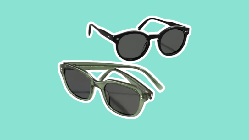 Warby Park sunglasses side-by-side on a green background.