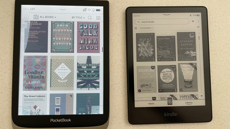 The InkPad Color next to the Amazon's latest Kindle Paperwhite, which is significantly smaller and lacks a color display.