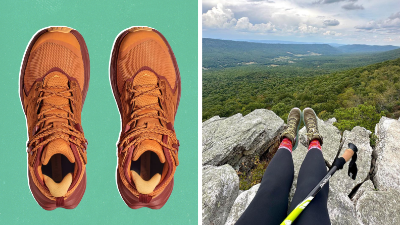 A product shot of a Hoka hiking boot and a photograph of a hiker’s legs wearing the same boots.