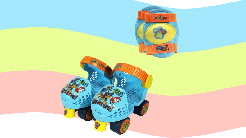 PAW Patrol roller skates for kids with matching knee pads on a rainbow background.