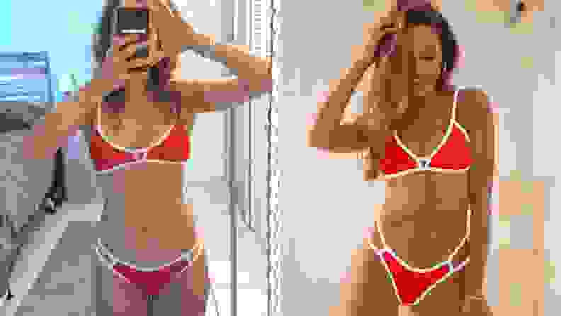 A selfie of a woman wearing a red bikini (left) and a model wearing the same bikini (right)