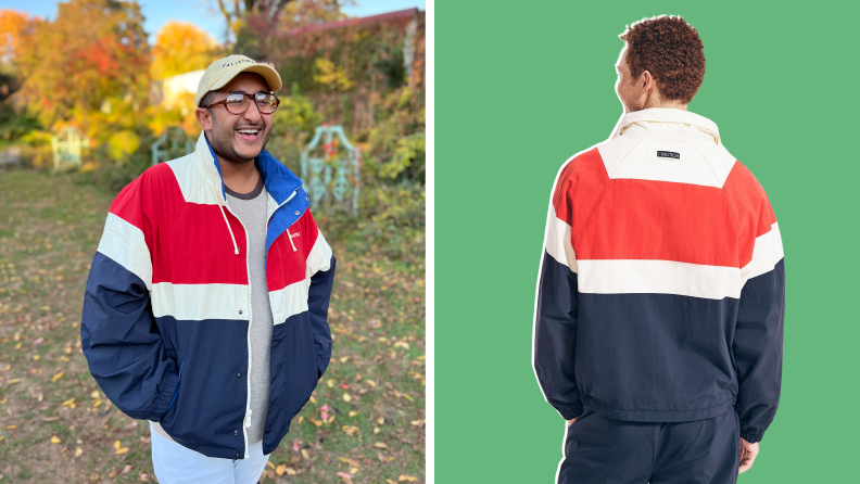 Collage of two men wearing a red white and blue colorblocked jacket.