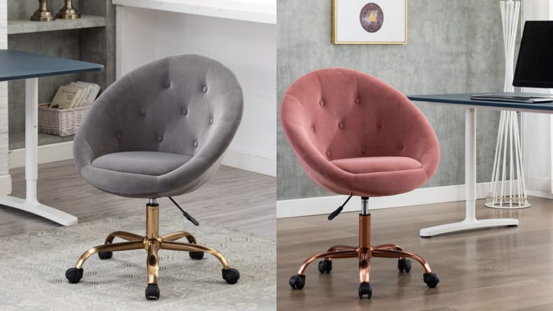 On left, gray velvet desk chair in office. On right, pink velvet desk chair in office.