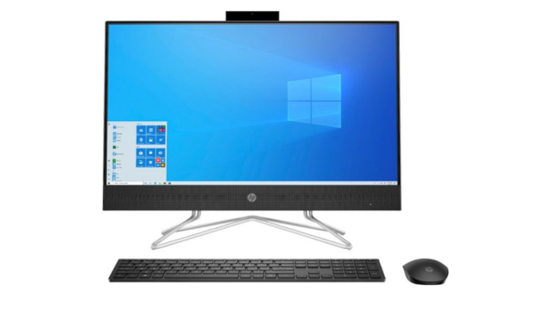 An image of an HP all in one computer in black with a Windows screen open.