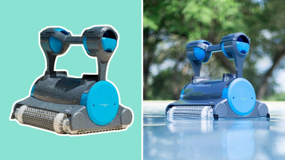 The Dolphin Premier robot pool cleaner shown in action cleaning a pool on the right and a product shot on the left.