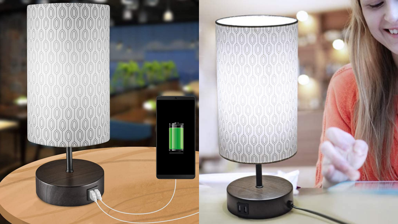 A dimmable table lamp charges a phone.