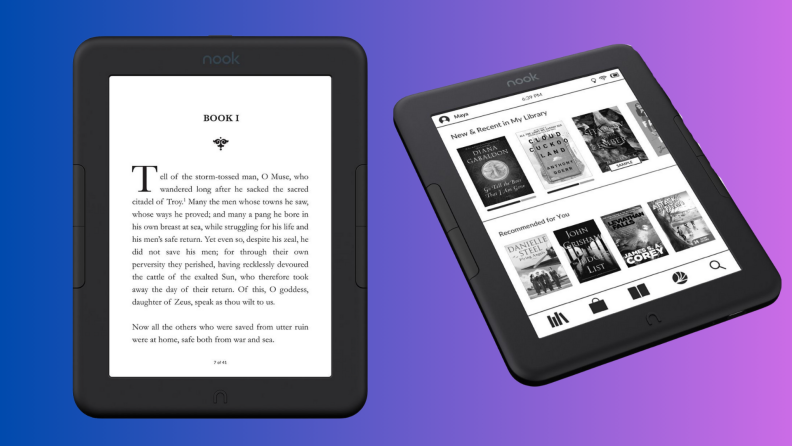 A Nook e-reader sits on a blue and purple background
