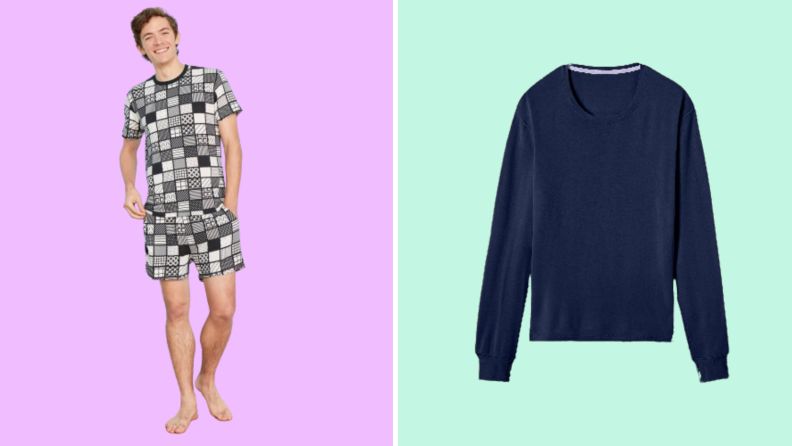 A man wearing printed shorts and a matching T-shirt, and on the right is a product shot of a long-sleeved navy blue shirt.