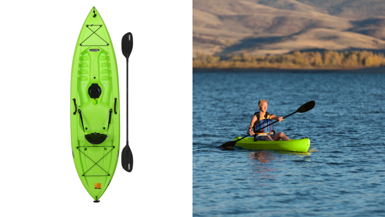 Green kayak next to image of a man kayaking