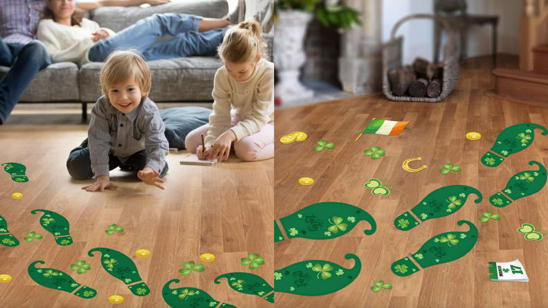 Children on floor playing with decoration on floor.