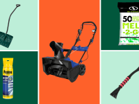 A snow shovel, snow blower, ice melt, a window wiper, and a de-icer on a colorful background.