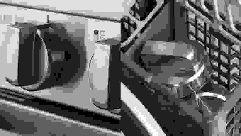 Left: Knobs on an oven. Right: Oven knobs in the basket of a dishwasher preparing to be washed.