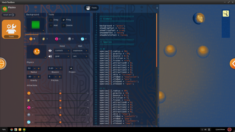 The code behind a level of Fizzics, a game in the Hack environment.