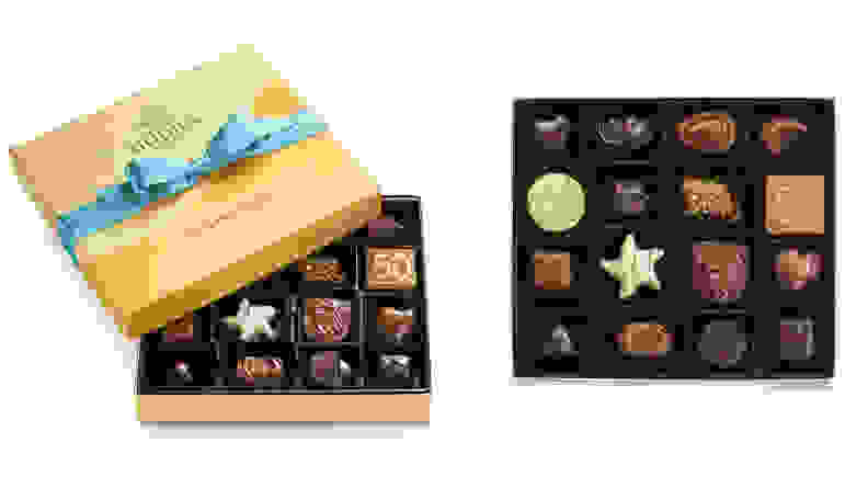 A split image of Godiva chocolates, including a box half-open and one entirely displaying the chocolates.