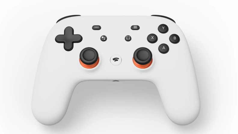 A white Google Stadia controller against a white background.