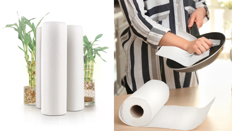 Two images side by side, the first of three bamboo paper towel rolls and the second of the paper towels in action on a pan.