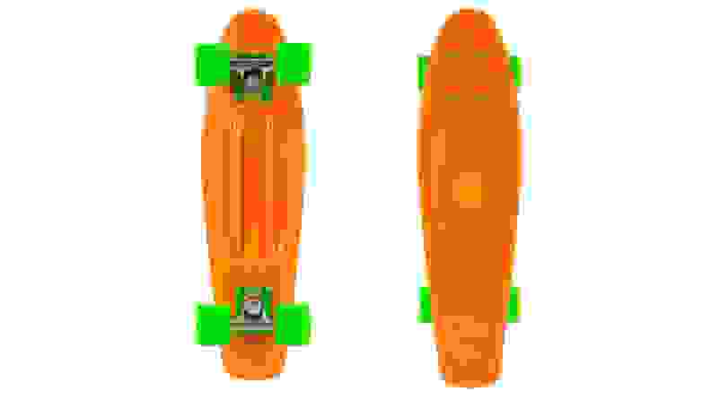 An orange and green skateboard