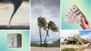 Collage of a tornado, a hurricane, a safe, a person holding cash in hand and a home, collapsed from a natural disaster.