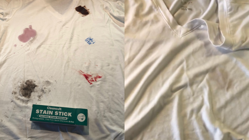 (left) a white t-shirt covered with spots of stains. (2) the plain white shirt after several washes.