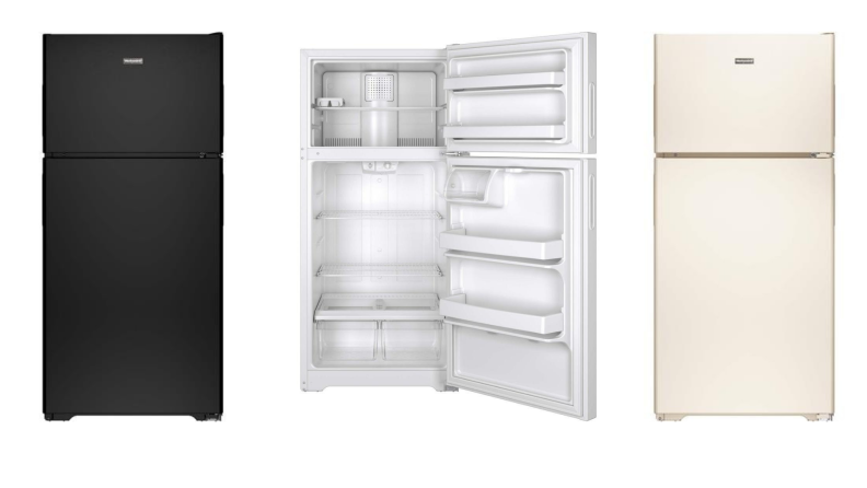 This Hotpoint refrigerator comes in three finishes—black, white, and bisque