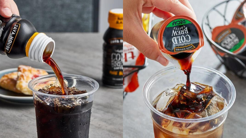 Two side-by-side photos of hands pouring Java House concentrate pods into a cup of coffee