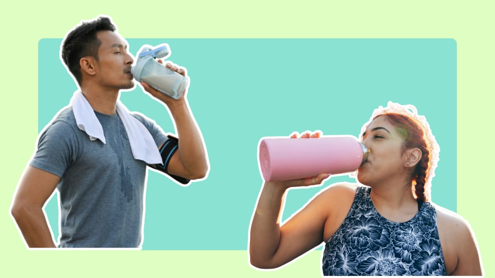 Two persons in workout clothes drinking from their bottles.