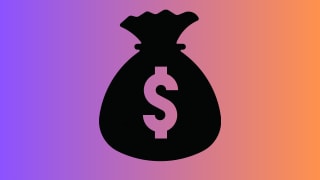 A large black money bag graphic on a orange and purple background