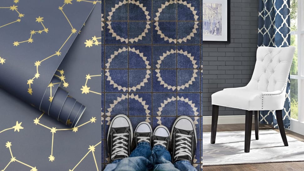 1) Blue constellation vinyl wallpaper. 2) blue and white vinyl flooring 3) a white vinyl chair.