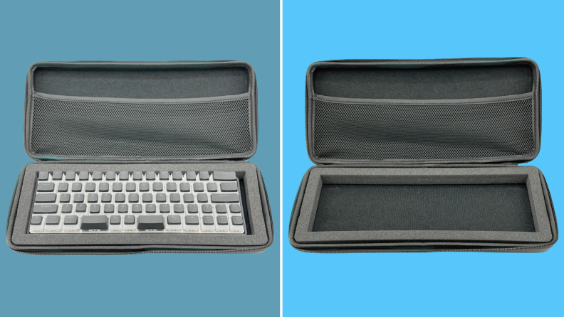Gray CharaChorder Lite keyboard inside of travel case next to empty travel case.