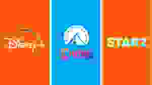 The logos for Disney+, Paramount+, Showtime, and Starz in front of colored backgrounds.