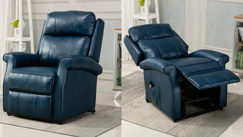 A blue leather Nojus recliner in the seated and reclined positions.