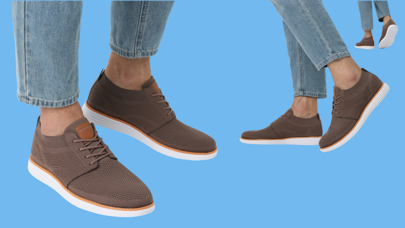 Close-up of a person's feet wearing the KnitFlex in front of a blue background.