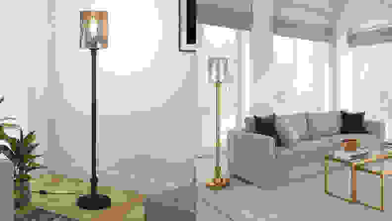 Two angles of the floor lamp in different modern home settings.