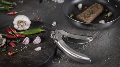 Close-up of a Kuhn Rikon garlic press.