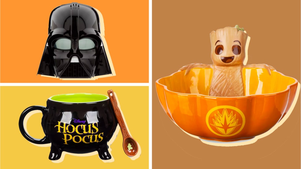 Darth Vader helmet next to a Hocus Pocus mug and a Groot candy bowl