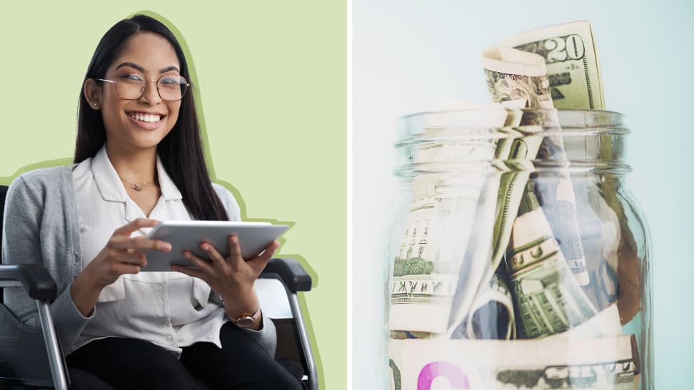 On left, person smiling while holding tablet computer. On right, glass jars filled with paper bills.